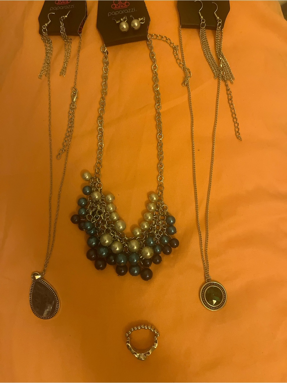 Paparazzi Gold-Tone Multi-Bead Cluster Necklace in Blue, Ivory and Brown